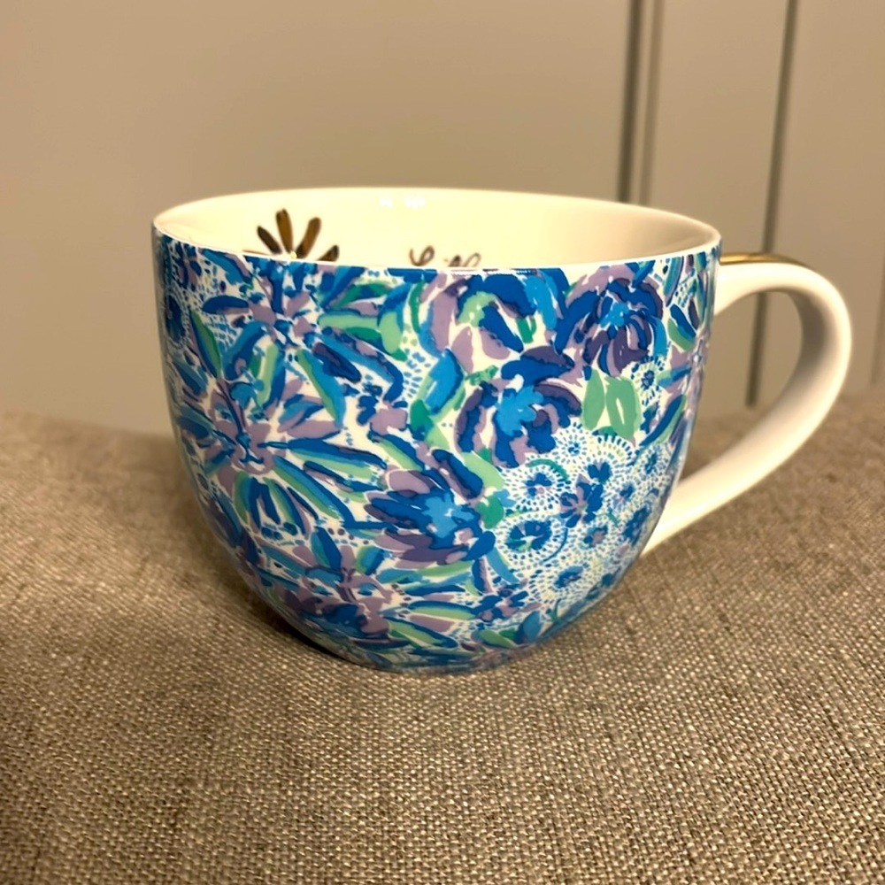 Lilly Pulitzer Coffee Mug Blue Floral High Maintenance Gold Ceramic 12 oz